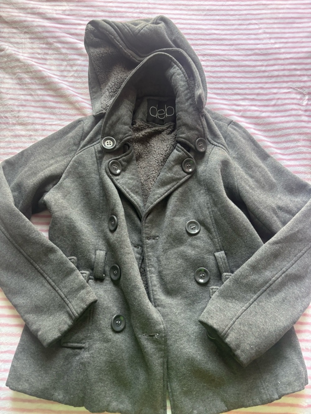 Deb Hooded Double-Breasted Peacoat in Charcoal